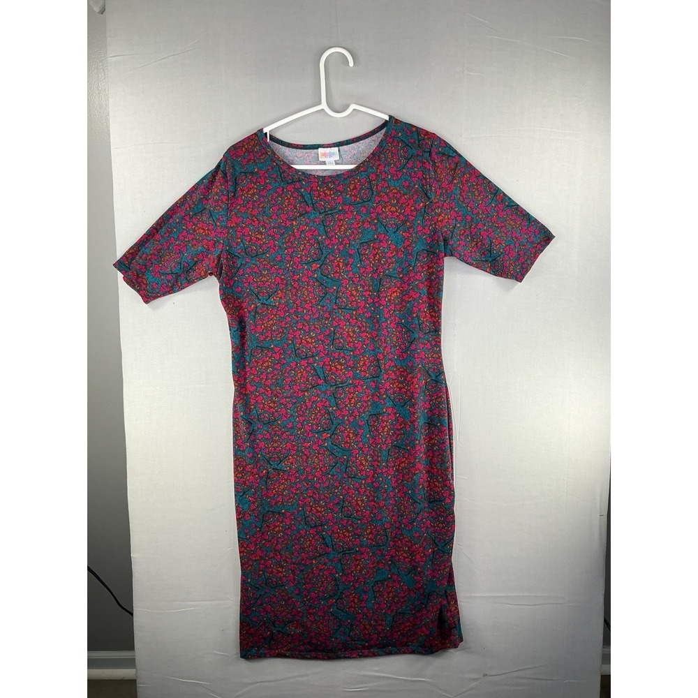 LuLaRoe Julia Dress Women's Large Teal Pink Floral Bodycon Midi